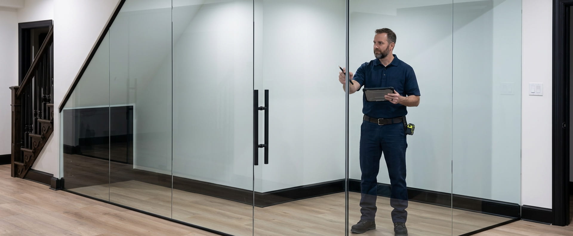 Frameless glass partition More Than Glass technician inspecting frameless glass partition installation